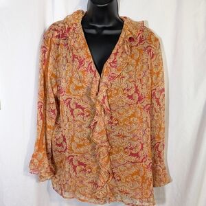 Edward Women's Silk Floral Button Down Top Blouse Boho Casual Ruffle Coastal  XL